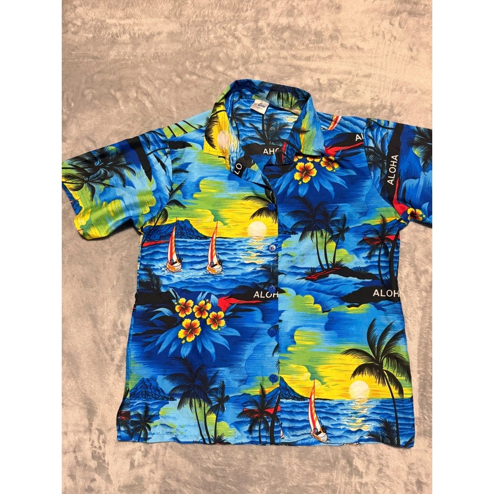 La Leela Aloha Shirt Mens S Blue Tropical Sunset Palm Tree Sailboat Button Up